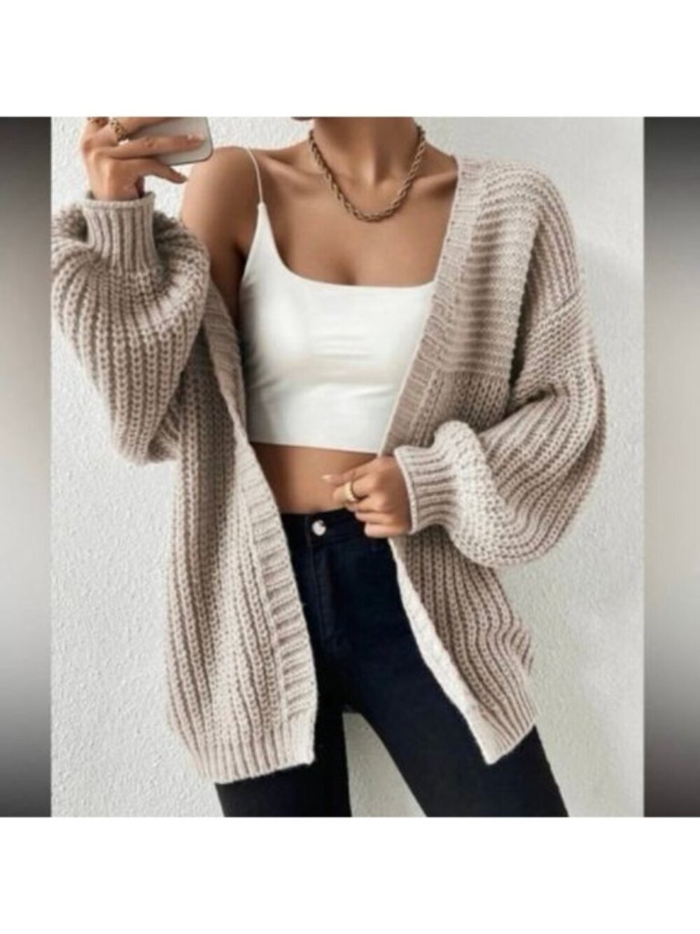 SHEIN Chunky Knit Open Front Cardigan Sweater Taupe Beige Tan Size Small